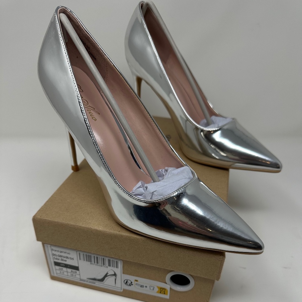 GENSHUO Silver Stiletto Pumps - Pointy Toe High Heels - Size 8